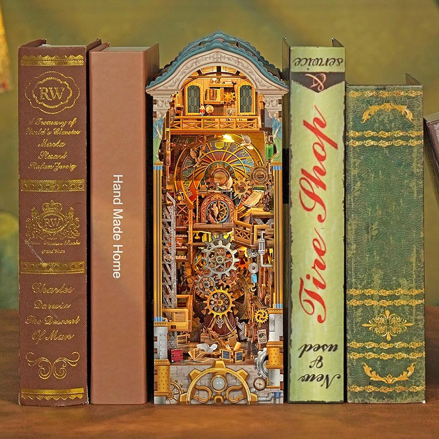 Tonecheer DIY Book Nook Kit for Adults, 3D Wooden Puzzle Bookend Miniature House Kit, Booknook Bookshelf Insert Decor with Dust Cover and LED Lights Gifts (Clock Tower)
