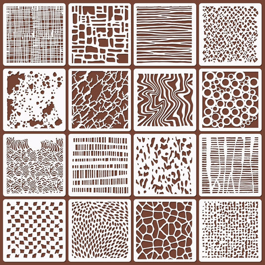 16 Pcs Layering Stencils for Painting, 6"x6" Mixed Texture Bubble Dot Waves Stone Crackle Splatter Geometric Stencils for Painting on Card Canvas, Mix Media Spray Paint Templates