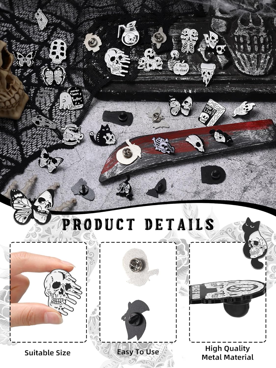 Ferraycle 30 Pieces Halloween Enamel Pins Set Horror Enamel Pins for Backpacks Cool Skeleton Ghost Butterfly Cat Lapel Pin Steampunk Brooches Pin for Hats Clothes Women Men