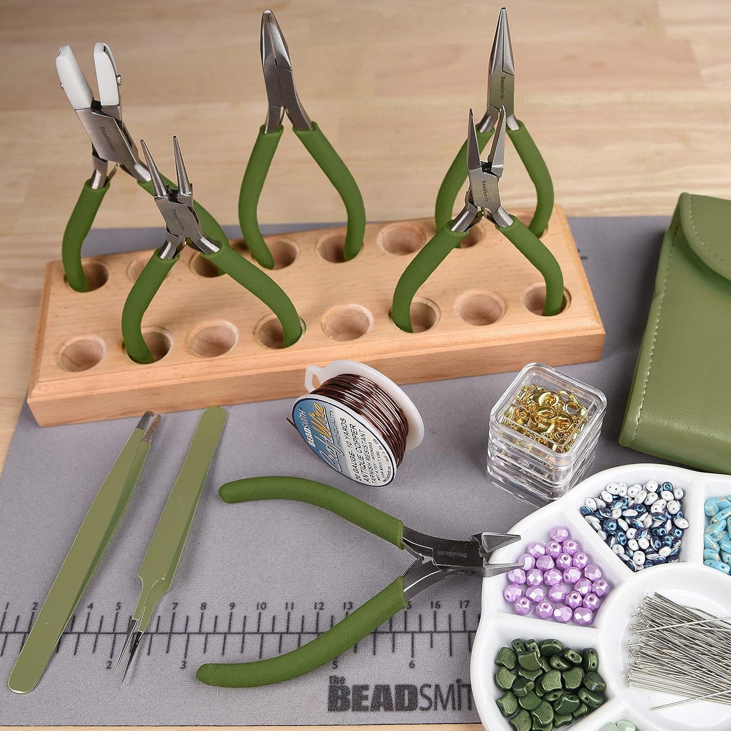 The Beadsmith Fashion Color Pliers – Set of 8 Slimline Color-Coordinated Tools – Matching Clutch in Olive – Jewelry Making Supply Kit to Create Necklaces, Bracelets, Earrings & More