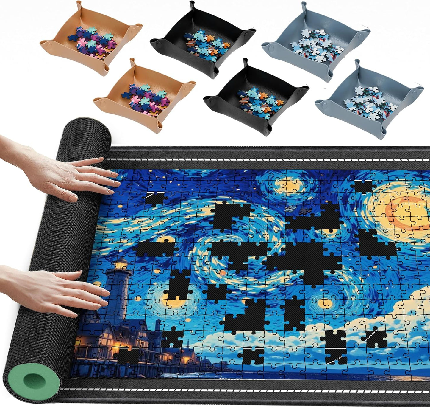 Lwoeo Jigsaw Puzzle Mat Roll Up 2000 Pieces, Black 48.4” x 30.7” Smooth Top Saver Pad, Large Puzzel Matt Rollup with 6 Sorting Trays & Travel Storage Bag for Sorting Table, Board, Puzzles Mats