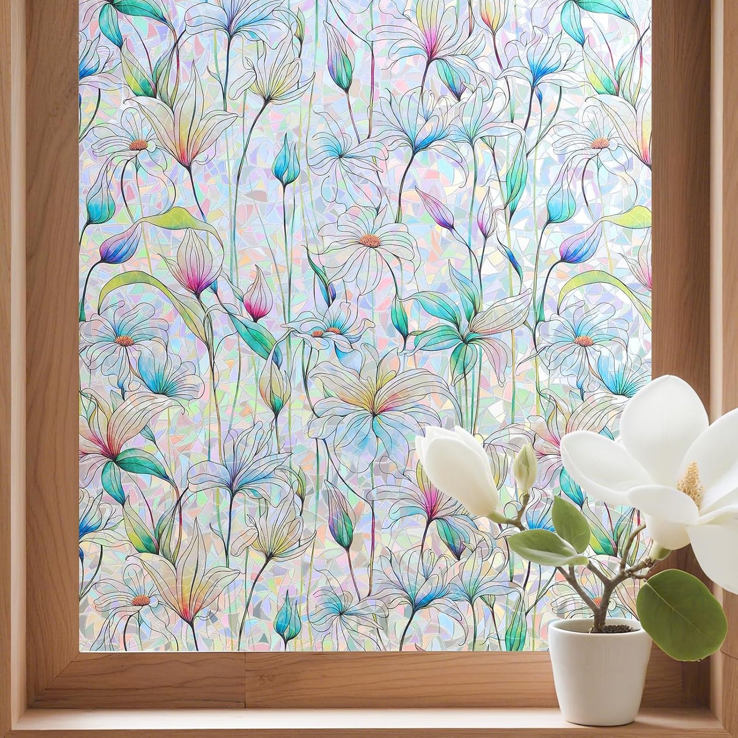 Donox Decorative Window Privacy Film, 3D Floral Stained Glass Window Film Static Cling Rainbow Privacy Sticker for Glass Door Heat Control Anti UV, No Adhesive (Magnolia,17.5 x 157.4 inches)