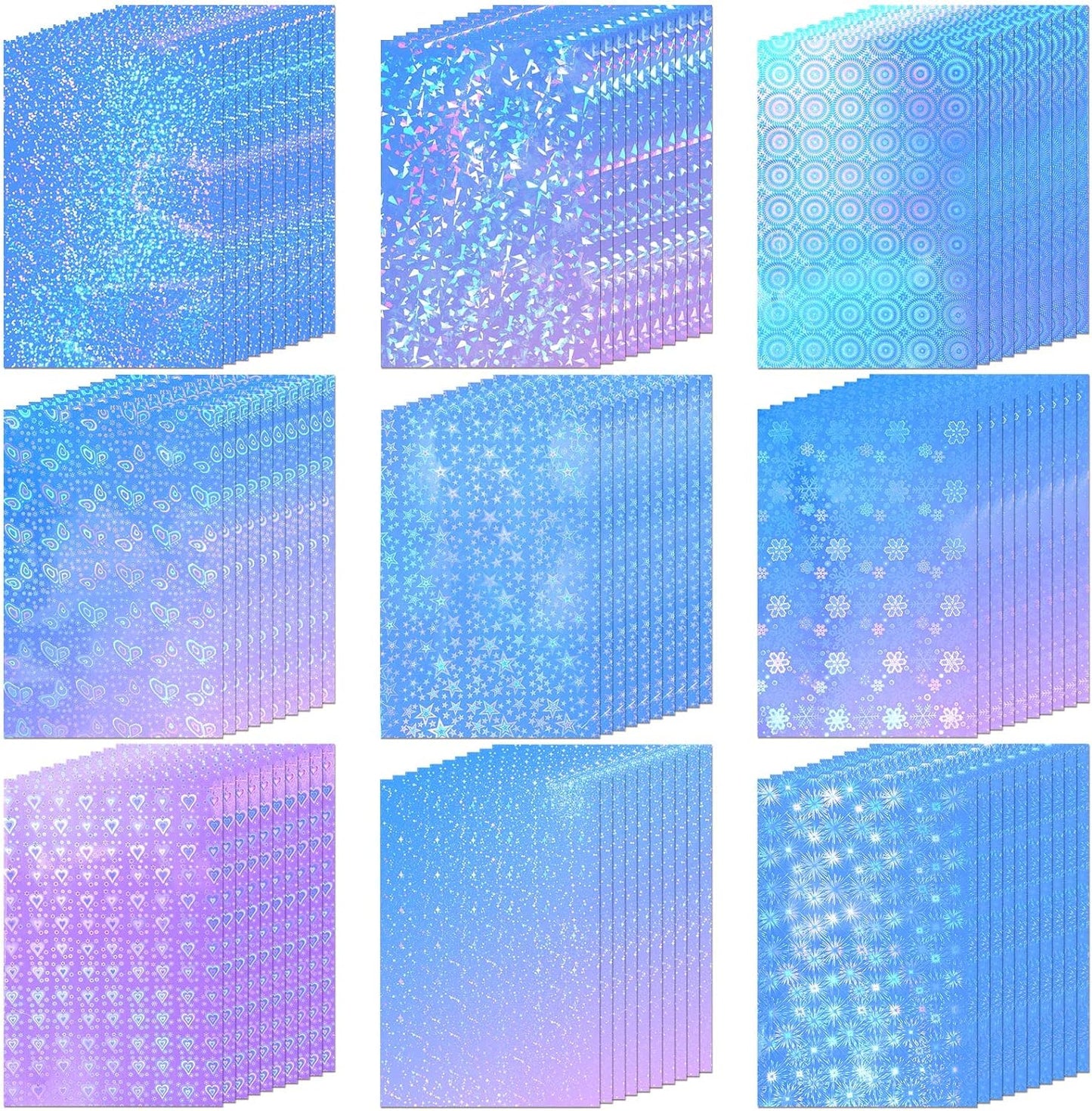 Teling 90 Sheets Holographic Sticker Paper Transparent A4 Vinyl Holographic Sticker Laminate Sheets Clear Overlay Lamination Film Paper Self Adhesive Waterproof with Gem Spot Rainbow Star Pattern