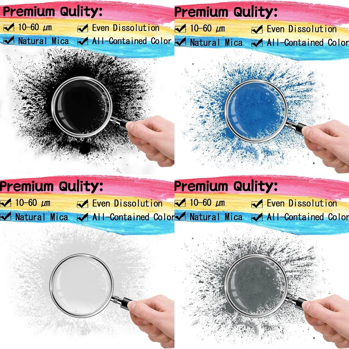 【40g Black + 60g White/Blue/Sliver Gray】 220g Mica Powder for Epoxy Resin - Pigment Powder Dye for Resin/Soap Making/Nails/Bath Bombs etc. (4 Color)