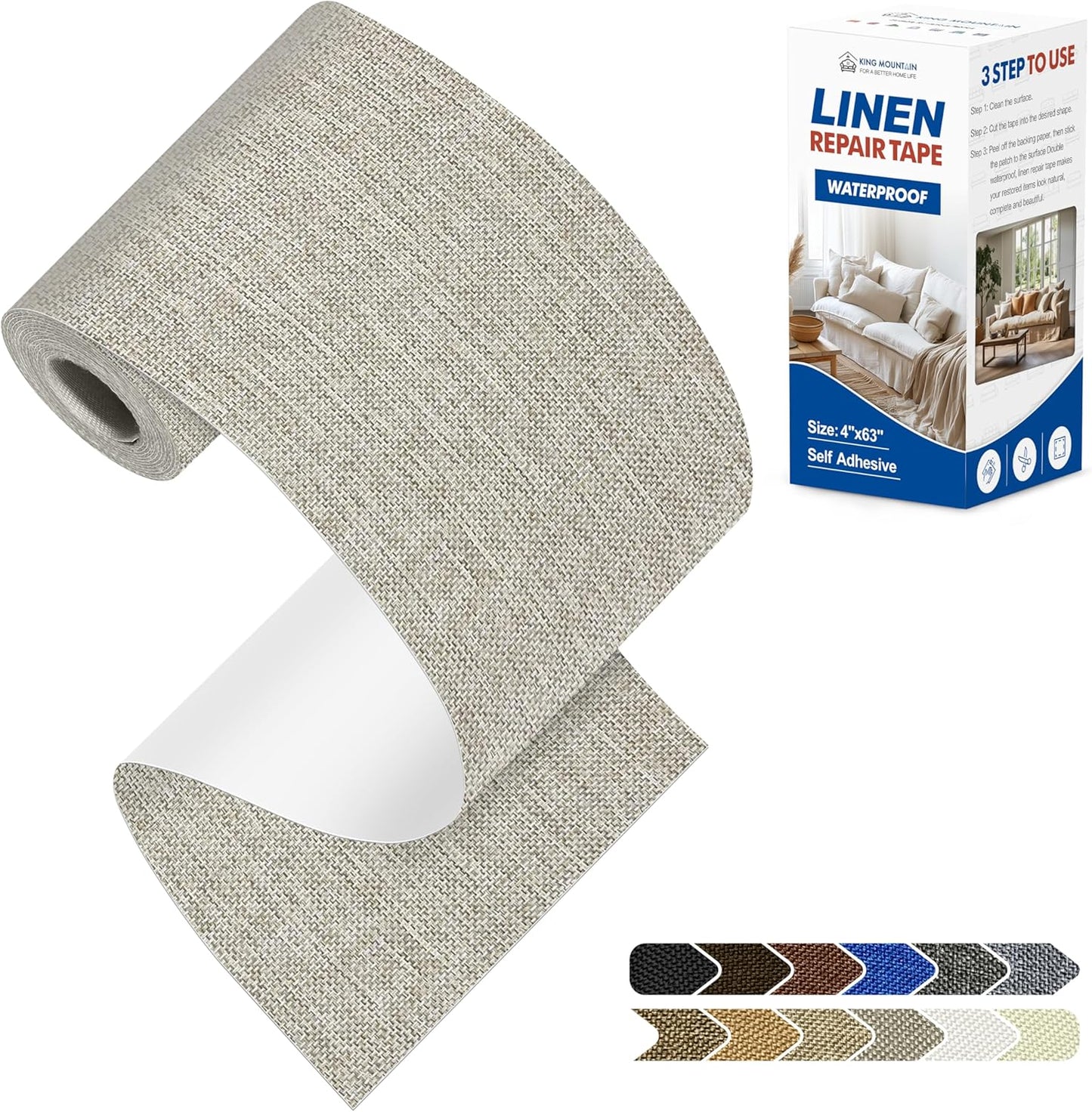 KING MOUNTAIN Linen Repair Patches, Self-Adhesive Linen Fabric Patches, 4 X 63 inch Extra Size, Multi Color, Can be Used for Linen Sofa Repair and Linen Clothes Repair (Cream-Gray 1.0)