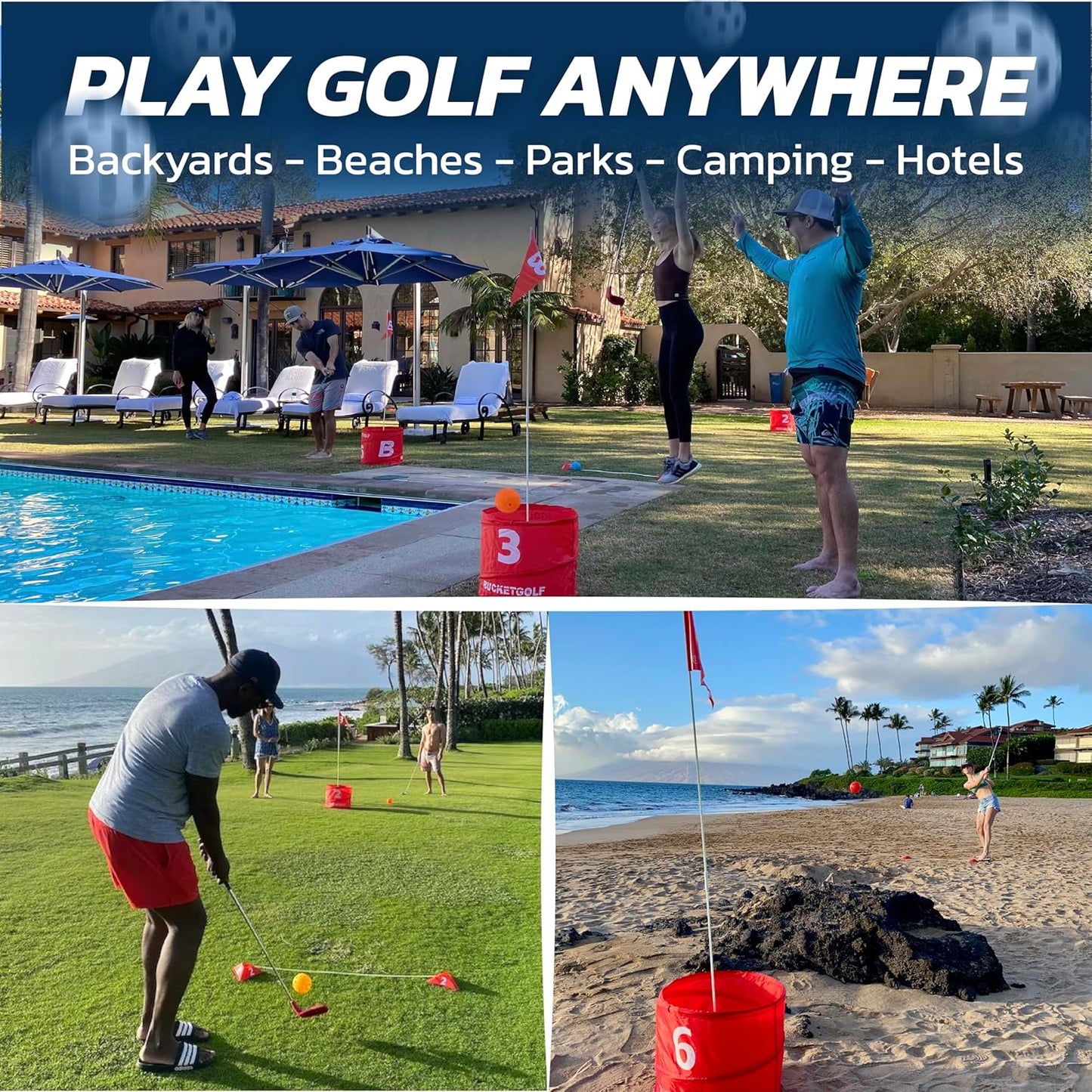 bucketgolf Game The Original Ultimate Backyard Lawn Golf Game for Family, Adults and Kids - Portable 6 Hole Golf Course Play Outdoor, Lawn, Park, Beach, Yard.