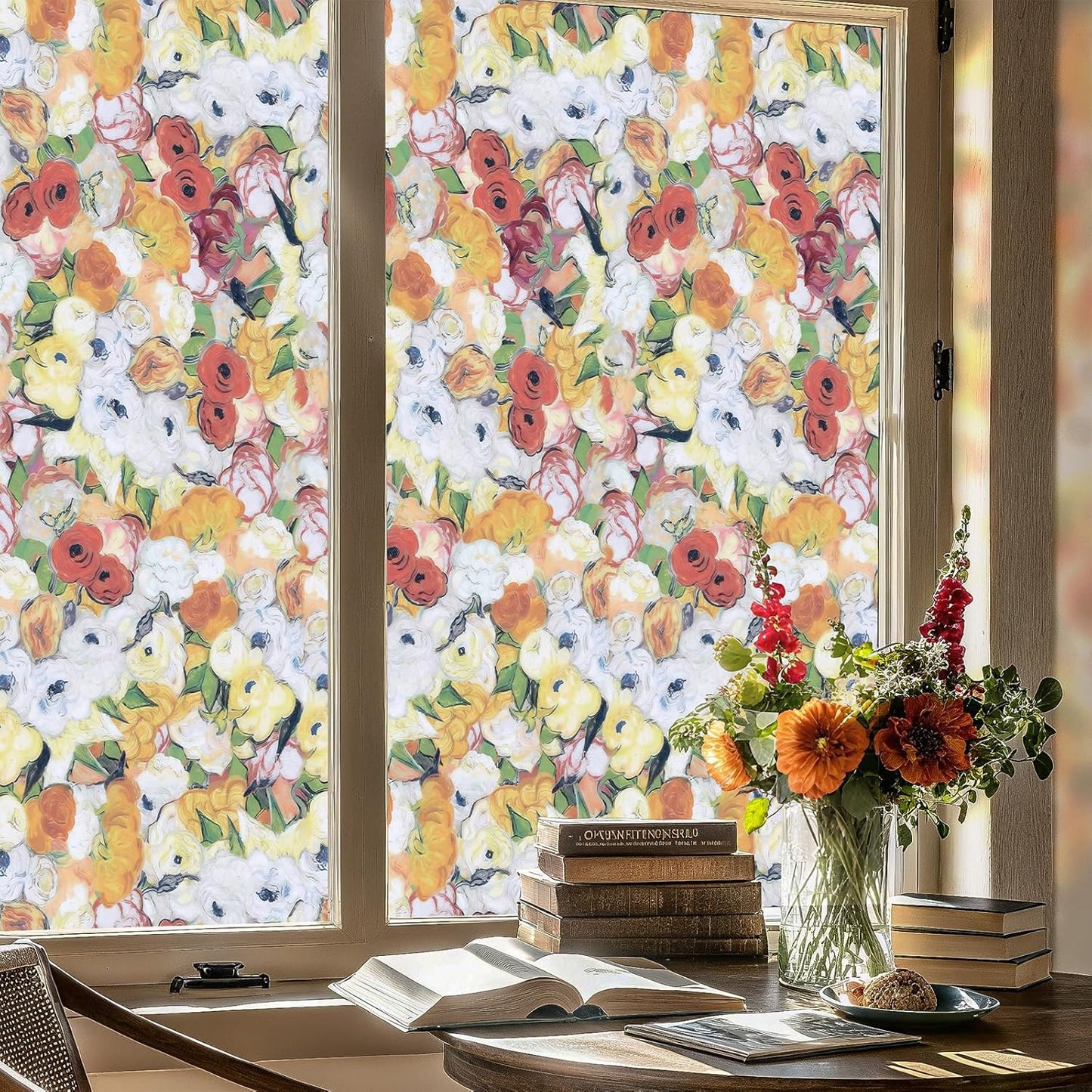 Window Privacy Film, Frosted Glass Decorative Static Cling, Removable Sun Blocking Vinyl Covering, Window Film for Home Kitchen Living Room Bathroom, Oil Painting Flowers, 17.5" x 78.7 "