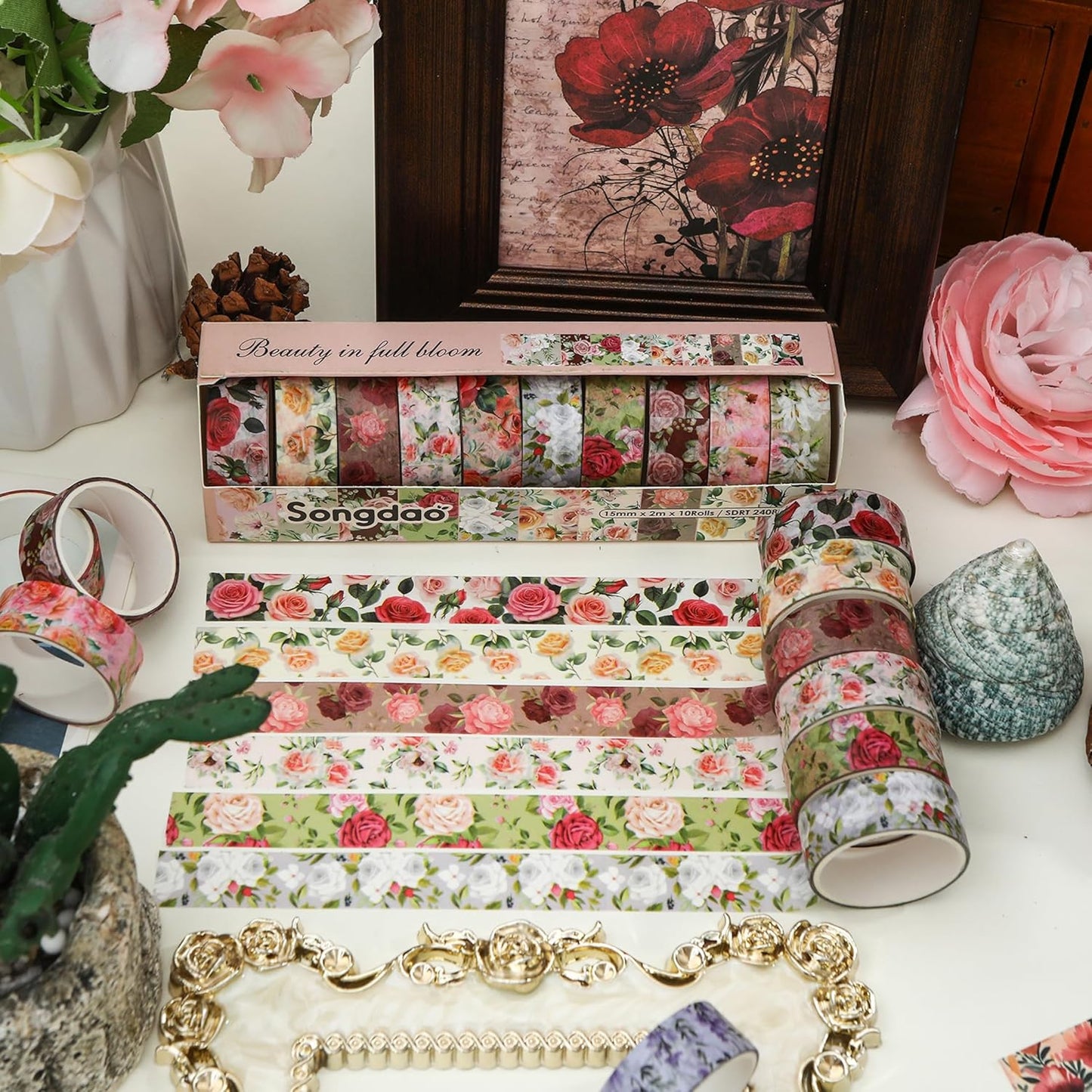 10 Rolls Blooming Flowers Washi Tape Set Floral Arts Adhesive Tapes Colorful Garden Decorative Masking Tape Sets for Craft, Kids, Scrapbook, DIY, Gift Wrapping (1-Pinky)
