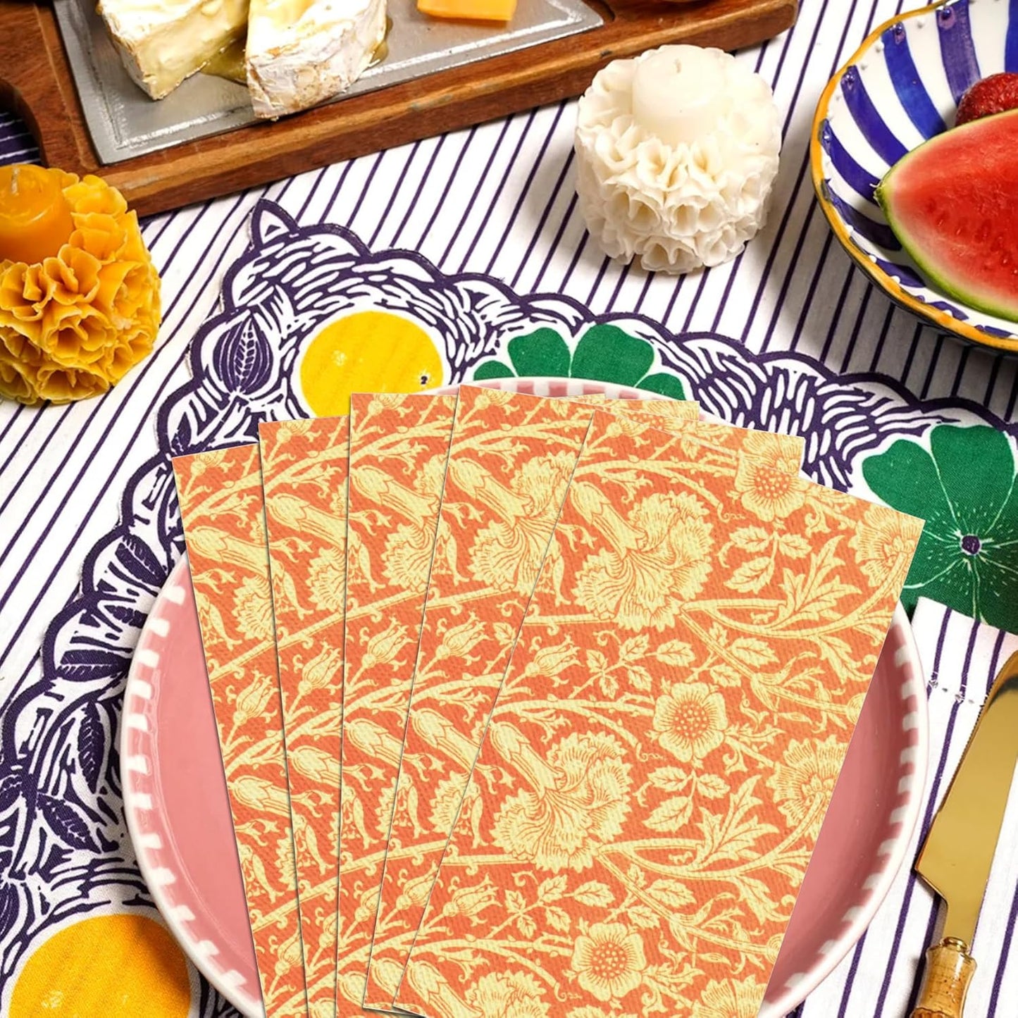 Vintage Floral Paper Napkins, 80PCS Vintage Floral Guest Paper Napkins Disposable, Orange Retro Plants Wildflower Lunch Dinner Hand Napkin for Wedding, Theme Party, Birthday, 4.5x8 Inch