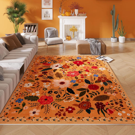Rugcomf Living Room Rug 5x7 Rug Machine Washable Boho Area Rug Non Slip Floral Vintage Low Pile Large Rugs for Living Room, Bedroom, Farmhouse, Dining Room, Kids Playroom(Yellow)
