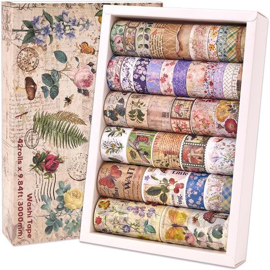 42 Rolls Vintage Washi Tape Set, Floral Letter Butterfly Mushroom Botanical Flower Writable Decorative Tapes for Scrapbooking , Junk Journal Supplies, Bullet Journaling 5-75mm Wide 9.84ft long/Roll