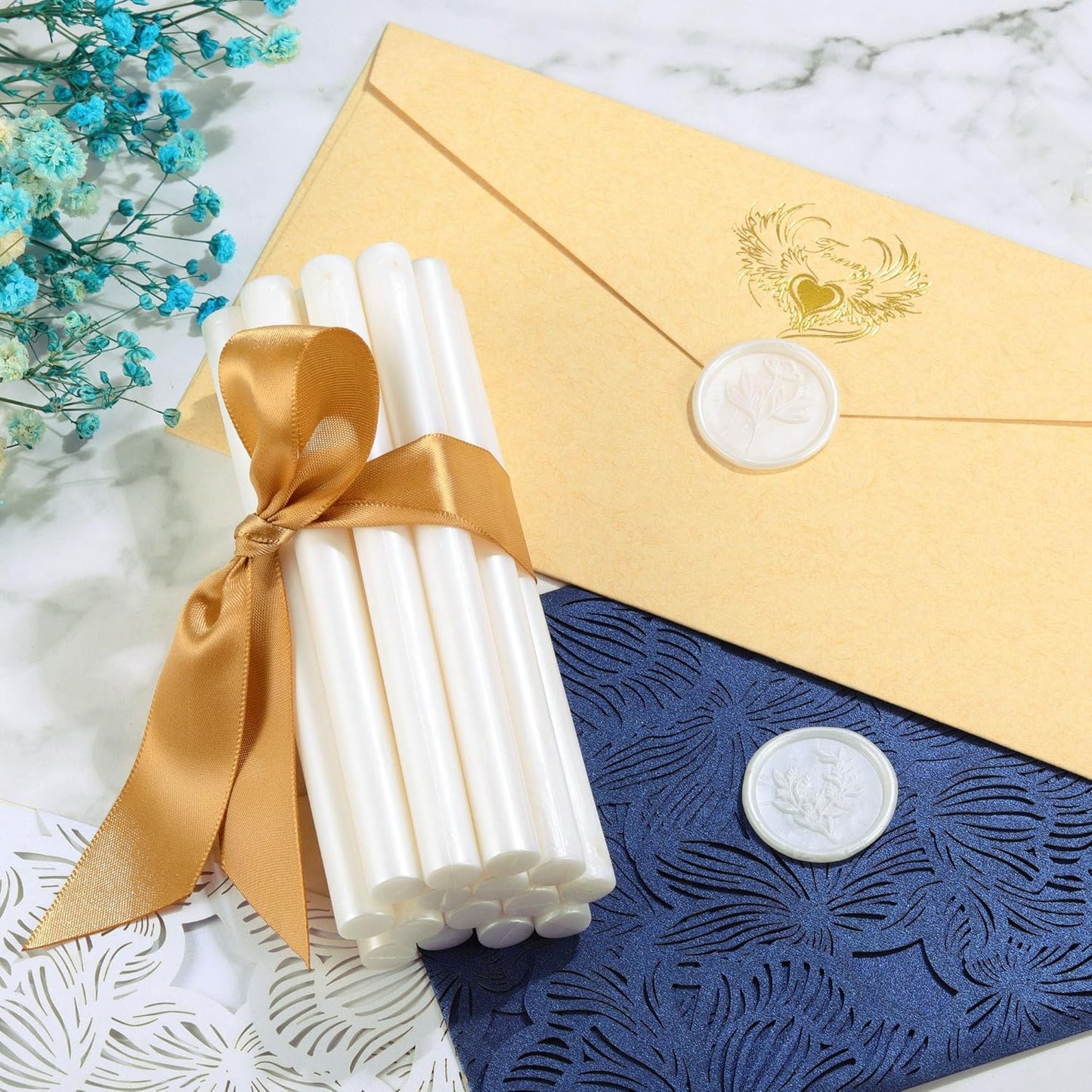 Yoption 15 Pieces Pearl White Glue Gun Sealing Wax Sticks for Wax Seal Stamp, Great for Wedding Invitations, Envelopes, Cards, Christmas Gift Ideas, Wine Packages