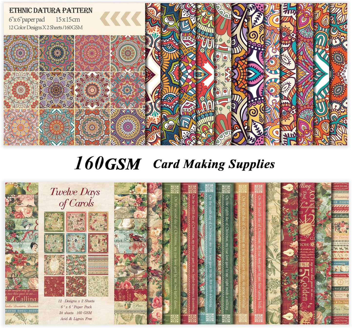 48 Sheets 24 Designs Scrapbook Paper Pad, 6"×6" Single-Sided Decopodge Craft Cardstock Paper,Scrapbooking DIY Decorative Background Cardmaking Supplies.Carols&Datura