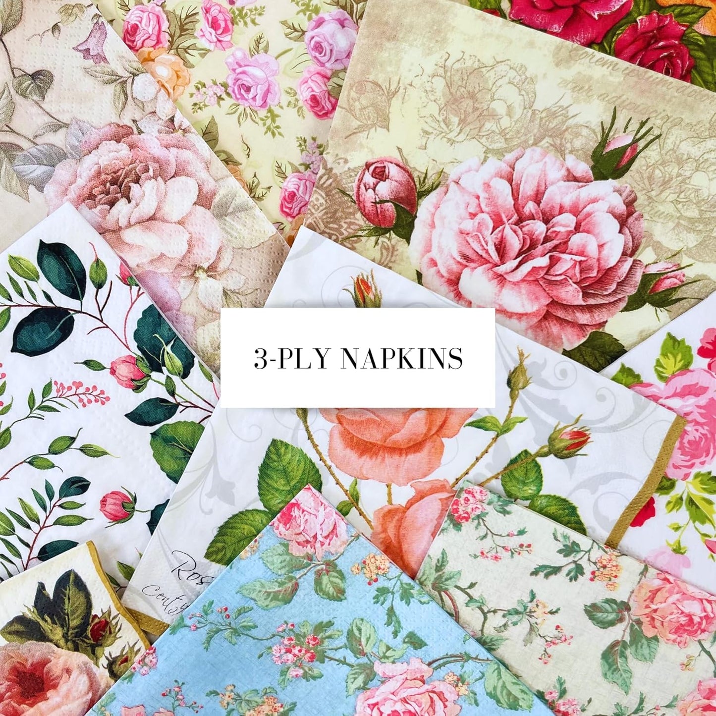 Mystery Pack Decoupage Paper Napkins, 20-ct Assorted Surprise Napkins, Decorative Napkins Roses Floral Flowers for Art Craft Junk Journal, 20 Different Designs