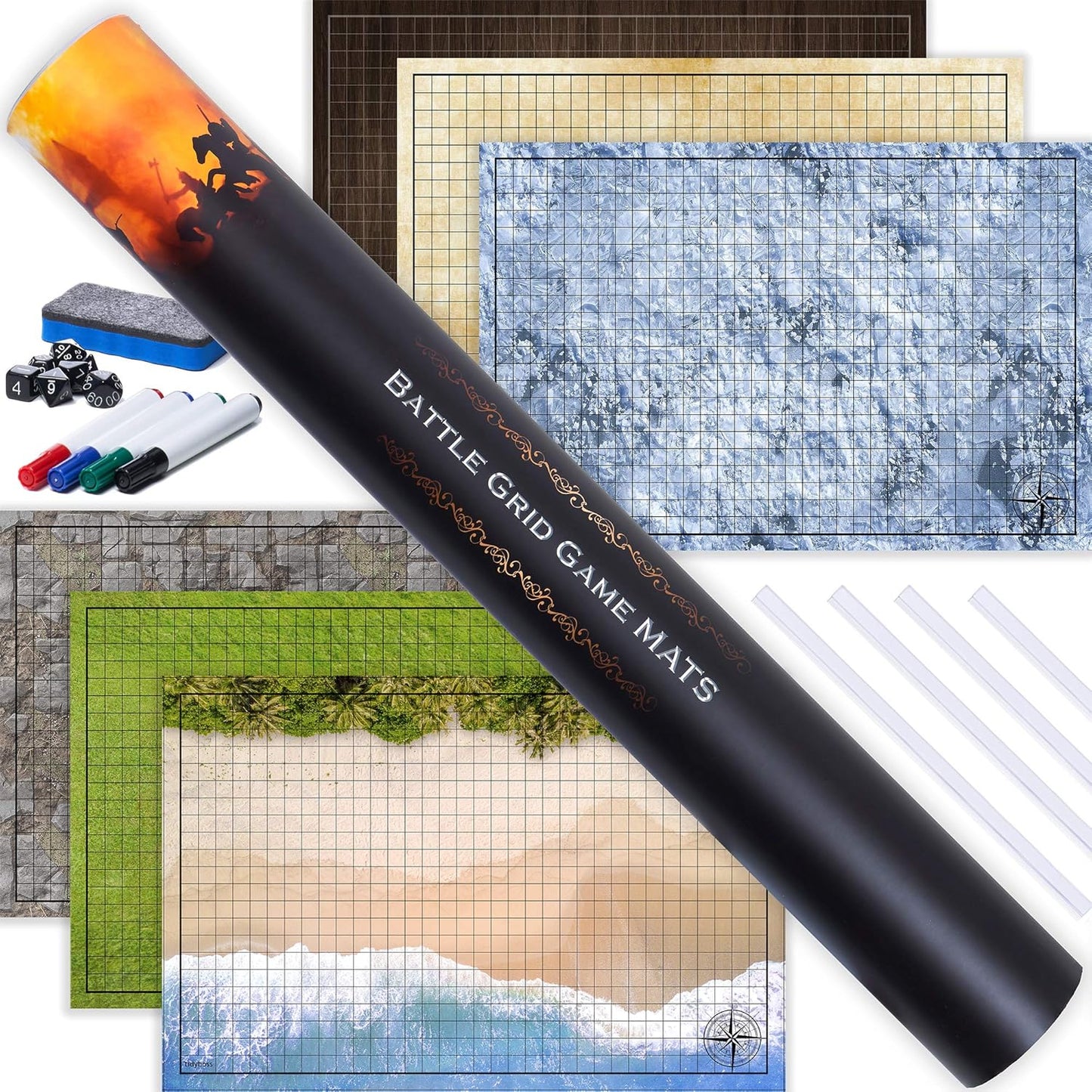 Tidyboss DND Starter Set | 3 X Double Sides 24x 36 Game Grid Mat | 6 Terrains Includes Dry Erase Markers, Eraser, Dice and Clips