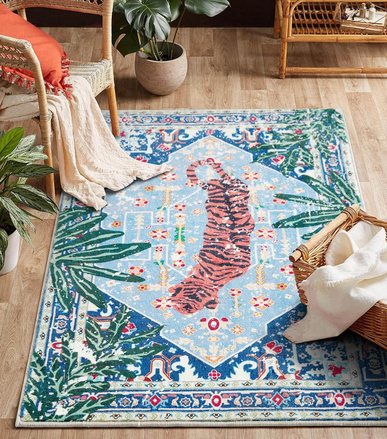 Washable Blue Rugs Thin Oriental Boho Vintage Tropical Jungle 8x10 Area Rugs for Bedroom Kitchen Dining Living Room Office Distressed Indoor Large Carpet