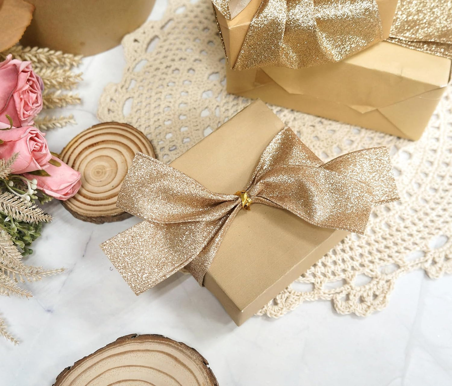 CT CRAFT LLC Glitter Wired Ribbon 1.5" x 10 Yards Gold (Champagne Gold) for Christmas Home Decor Bow Gift Wrapping DIY Crafts Wreath