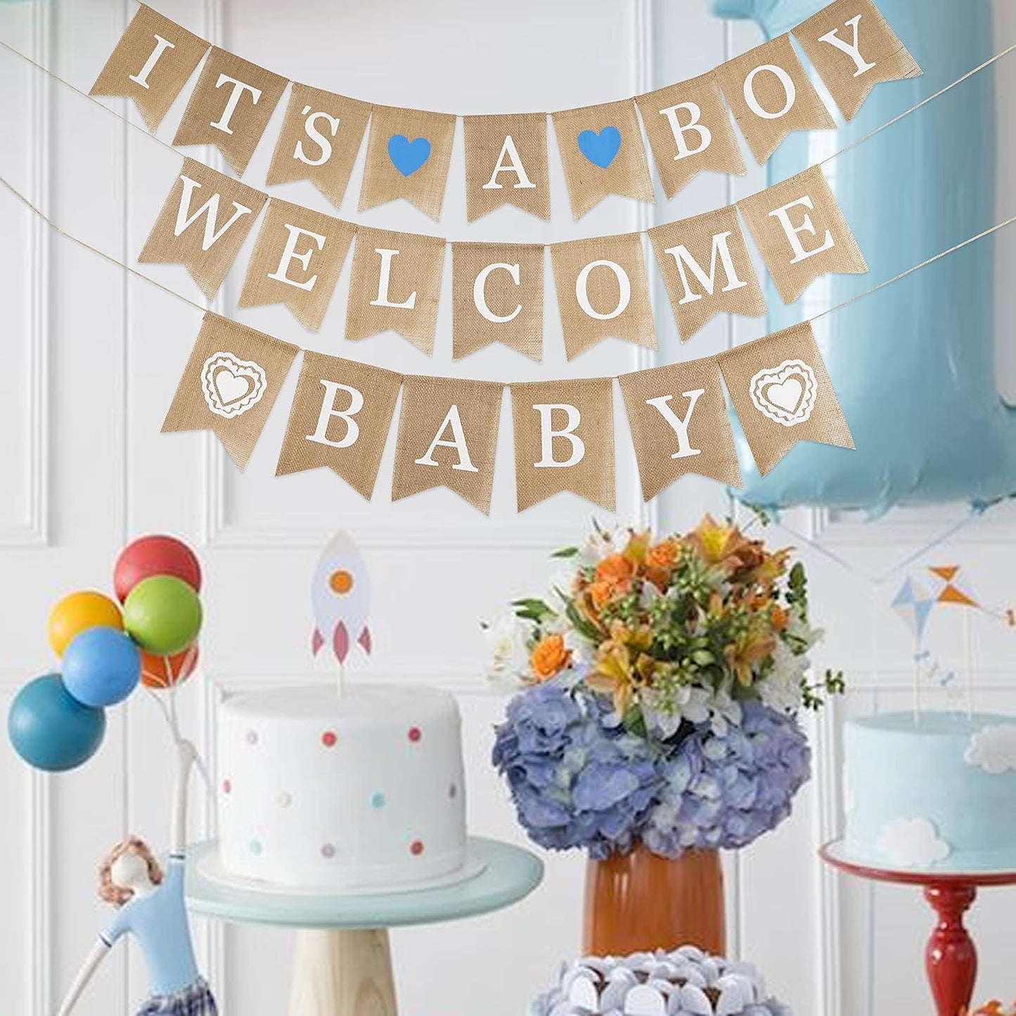 MEEDEE Welcome Baby Banner - It's A Boy Burlap Shower Decorations, Rustic Hanging Bunting for Safari Theme, 3 Pieces