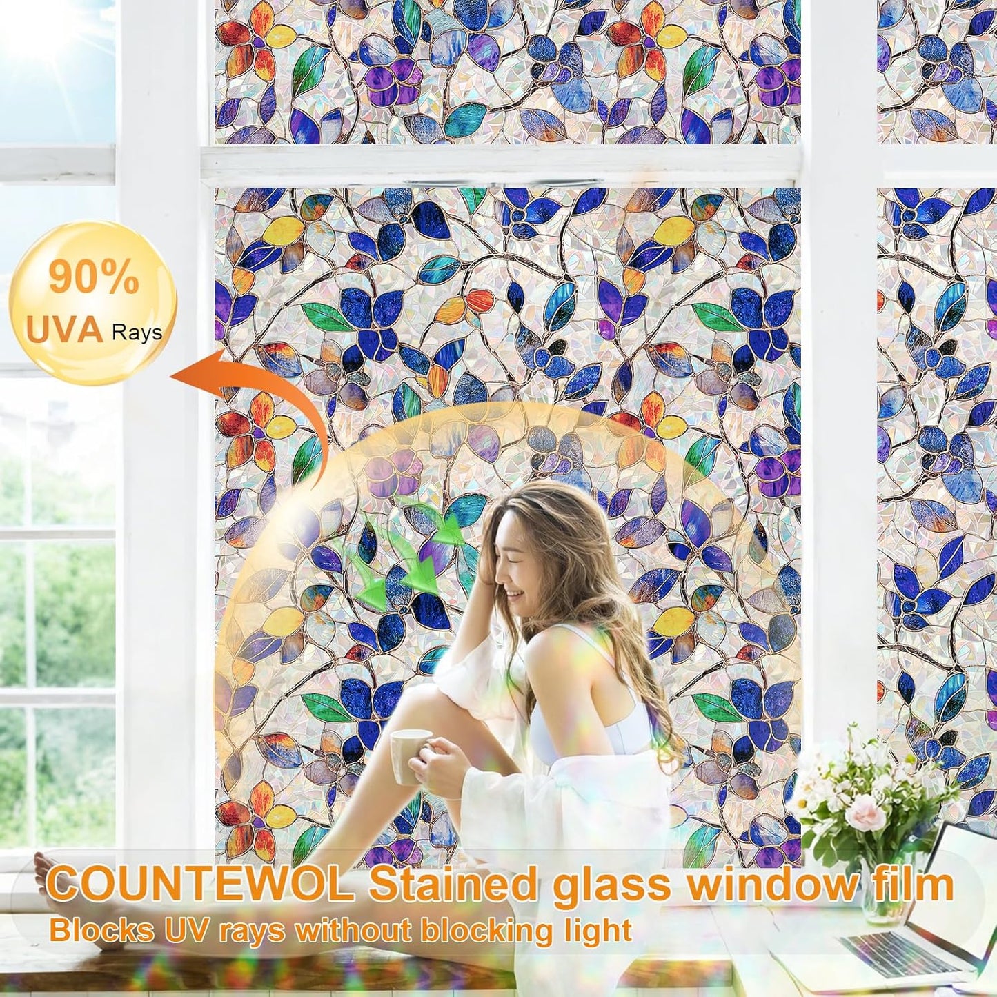 Window Privacy Film Stain Glass Window Film Rainbow Window Film Window clings Non-Adhesive Reusable Decorative for Room (Stained Leaf, 17.5 x 157.4 in)