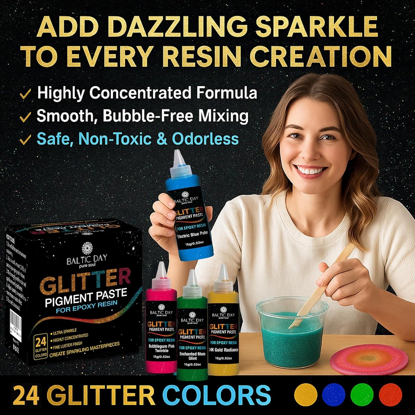 24 Color Pigment Paste for Epoxy Resin Set [ Glitter Series ] – Opaque Epoxy Pigment, Epoxy Dye Paste & High Concentration Mica Powder for Resin Art, Jewelry, Tumblers, Coasters & Crafts