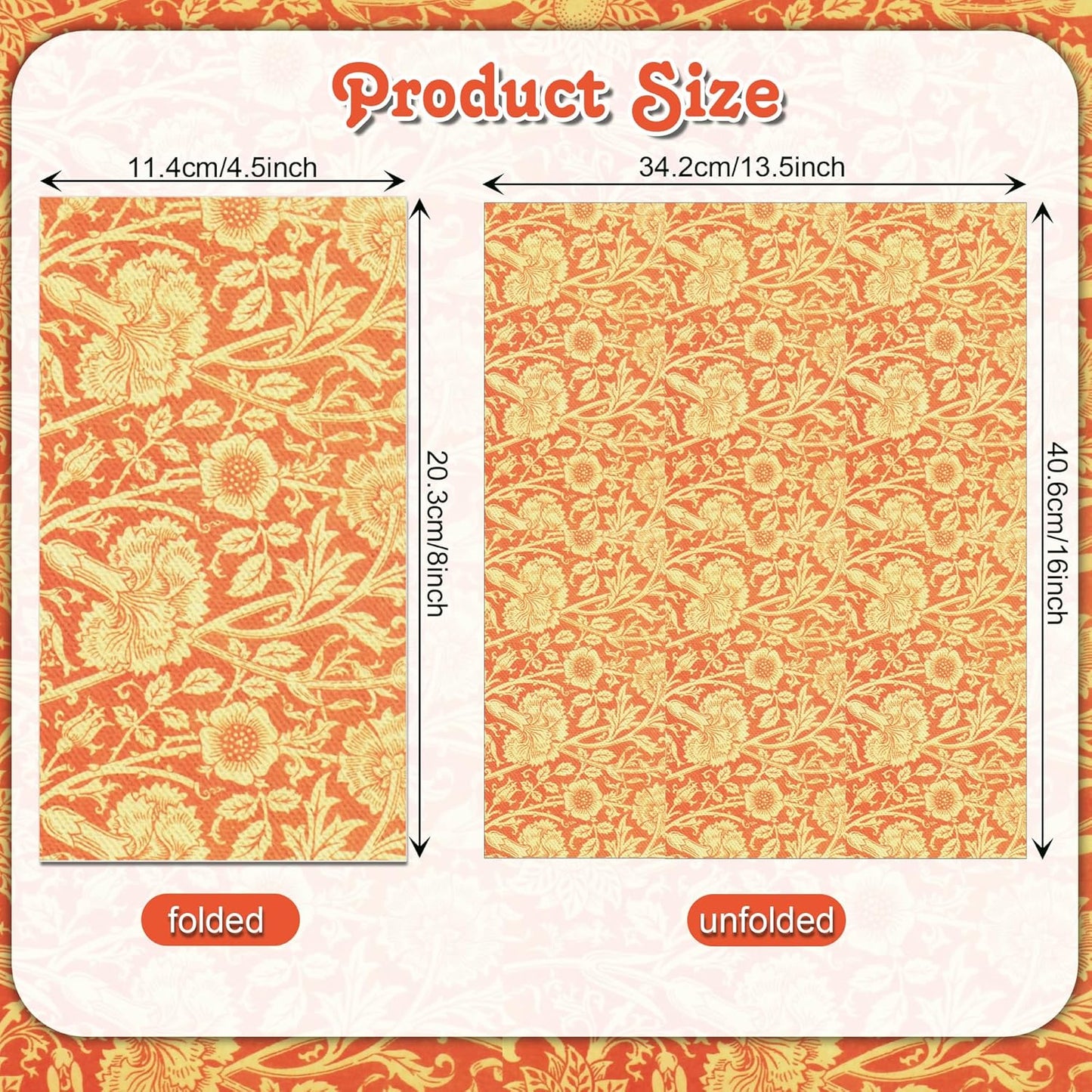 Vintage Floral Paper Napkins, 80PCS Vintage Floral Guest Paper Napkins Disposable, Orange Retro Plants Wildflower Lunch Dinner Hand Napkin for Wedding, Theme Party, Birthday, 4.5x8 Inch