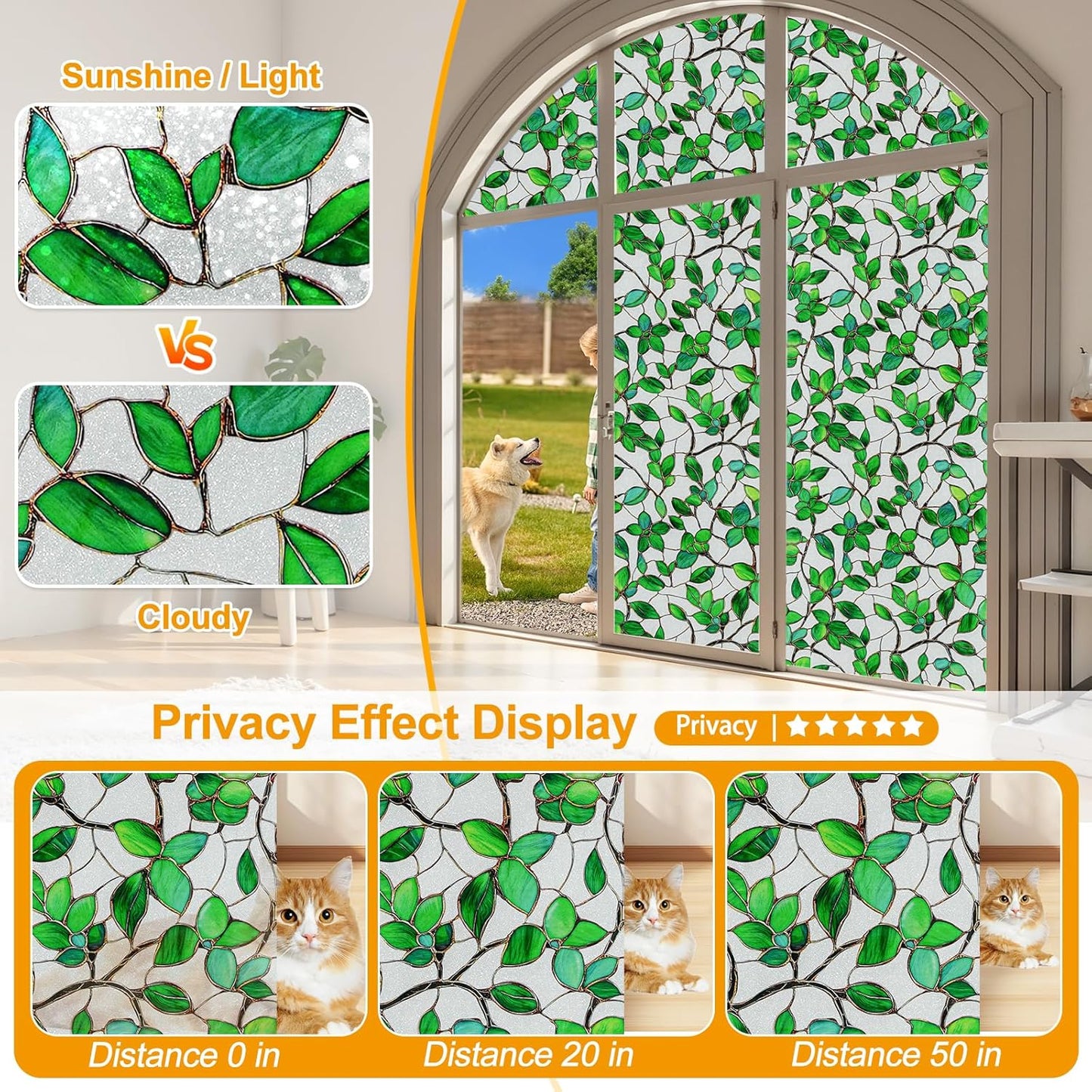 Window Privacy Film Stain Glass Window Film Rainbow Window Film Window clings Non-Adhesive Reusable Decorative for Room (Frosted Greenery Leaf, 17.5 x 78.7 in)