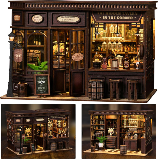 ISSEVE Book Nook Kit - DIY Miniature House Kit for Adults, Teens and Beginners, Corner Tavern Dollhouse Booknook Tiny House Bookshelf Decor 3D Wooden Puzzle, Gifts for Friends Family (Corner Tavern)