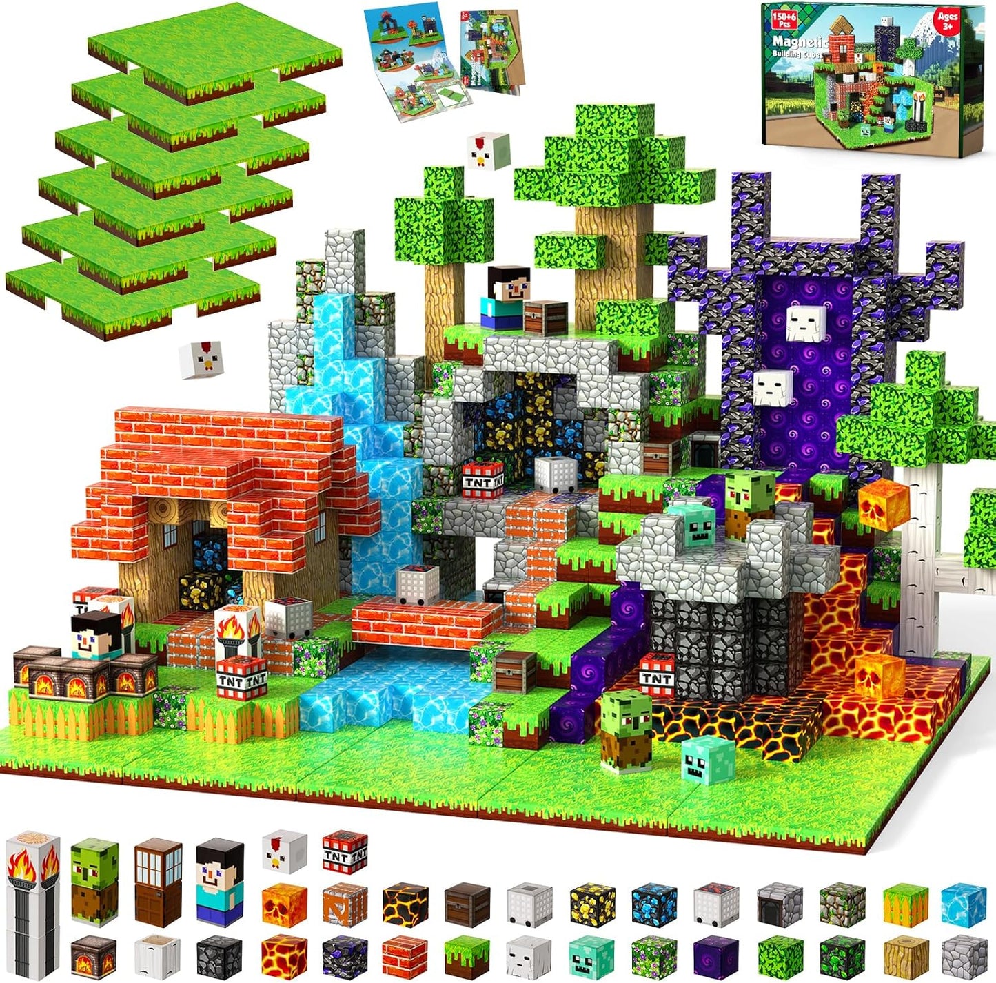 150PCS Magnetic Blocks with 6 Baseplate - Building Blocks Cubes for Kids Ages 4-8, STEM Magnet Building Toys Boys Girls, Birthday Gifts Preschool Educational Learning Toy for 3+ Years Old