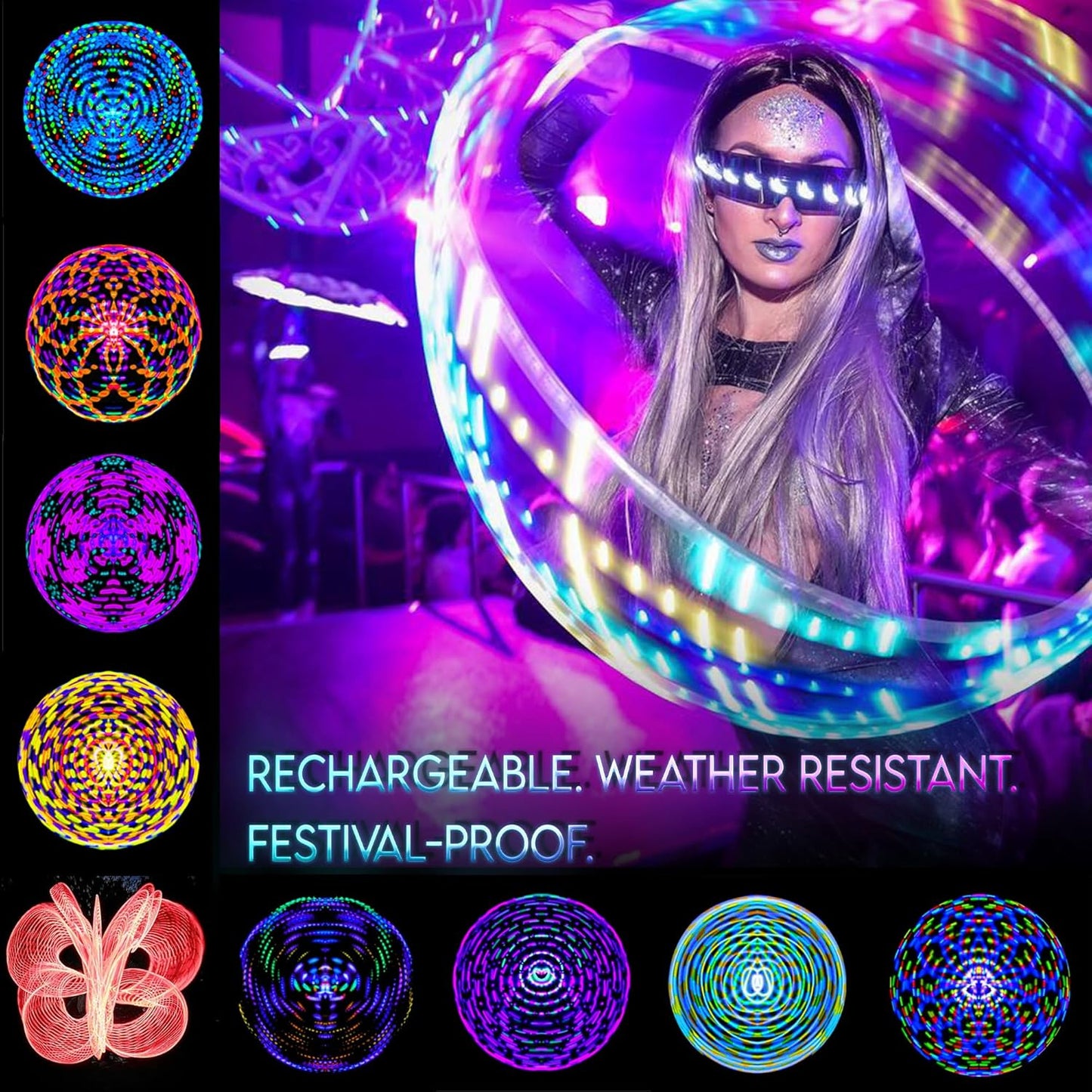 UltraHoop Remote LED Hoop - Wireless Control 60 Color Changing LED Lights w/ 300+ Modes & Patterns - Rechargeable Battery, HDPE Collapsible, Advanced to Beginner Hoola Hoops - 34” x 3/4" OD - UltraPoi