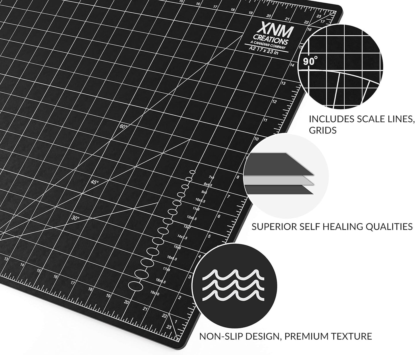 XNM Premium Self Healing Cutting Mat - 18 Inches by 24 inches - A2, 3 Layer Quality PVC Construction - Dual Sided, Imperial and Metric Grid Lines - Perfect for Cutting, Sewing, and Crafts