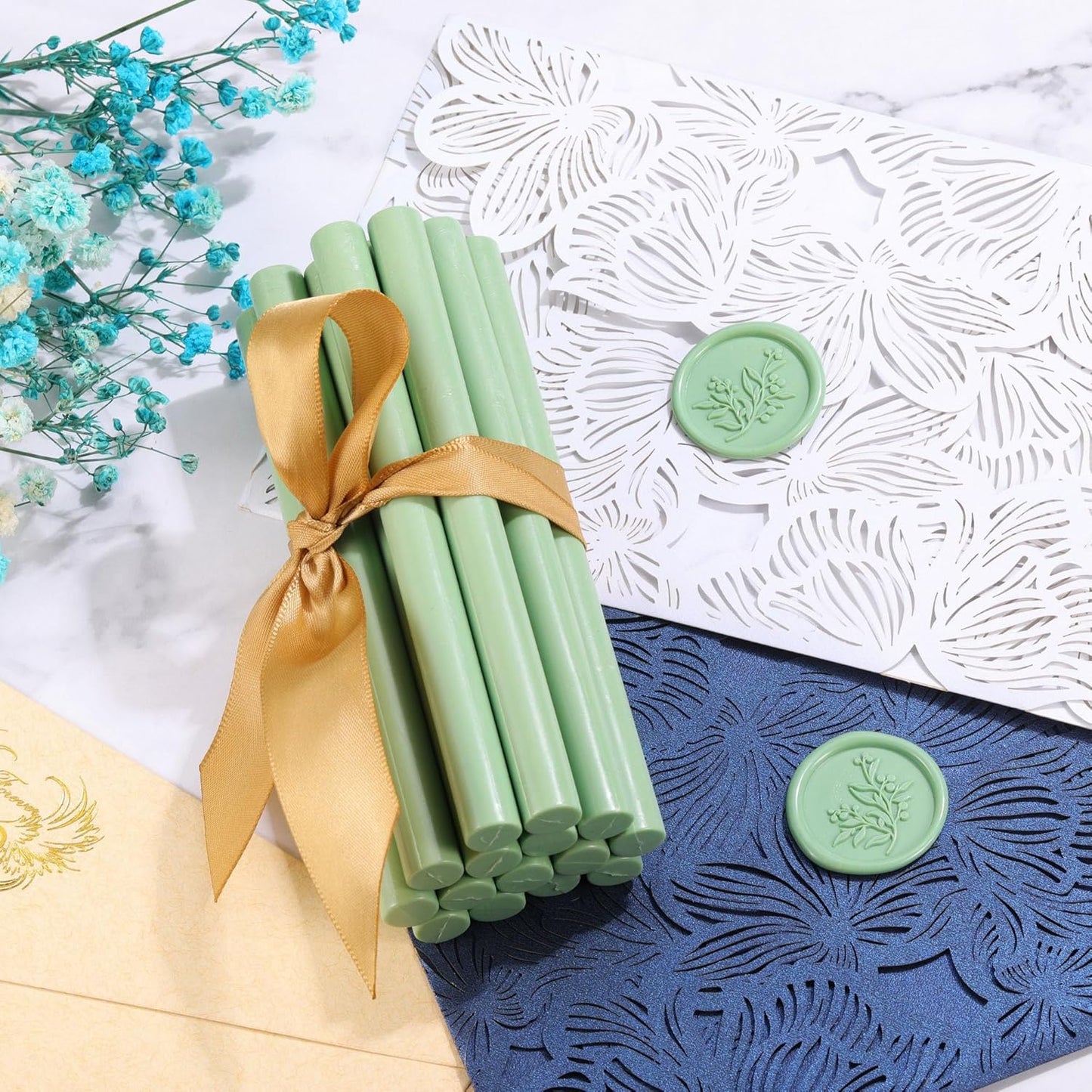 Yoption 15 Pieces Sage Green Glue Gun Sealing Wax Sticks for Wax Seal Stamp, Great for Wedding Invitations, Envelopes, Cards, Christmas Gift Ideas, Wine Packages