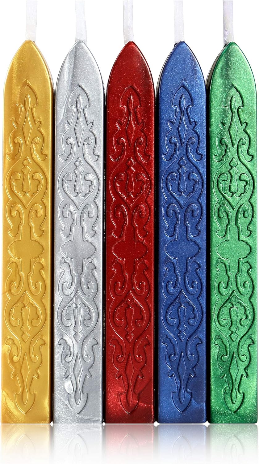Yoption 5 Colors Sealing Wax Sticks, Vintage Totem Fire Manuscript Wax Seal Sticks with Wicks for Wax Seal Stamp (Gold+Silve+Red+Green+Blue)