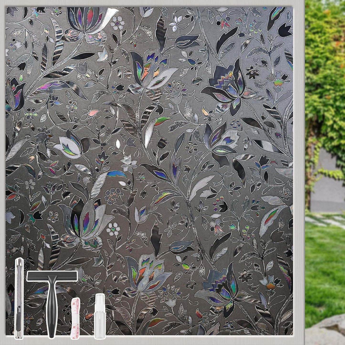 NINETREX Window Privacy Film,Decorative Window Film Frosted,Stained Glass Window Cling,Heat Blocker Non-Adhesive for Home,Grayish Black 17.5 x 157.4inch
