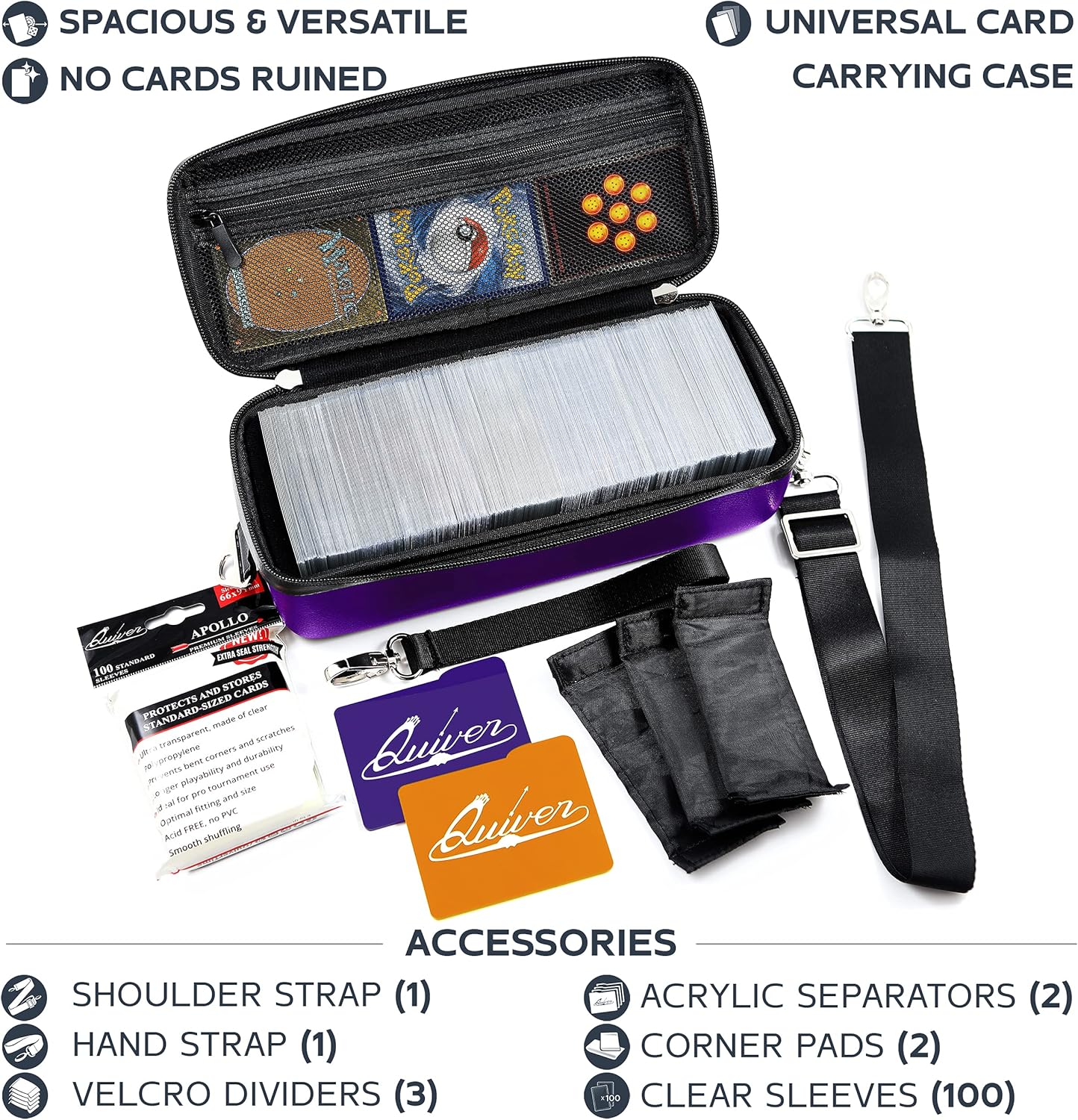 Quiver Time Purple Bolt Card Carrying Case fits Pokemon Cards and other TCG Games - Storage Bag for Playing/Trading Cards and Deck Box (Straps, Dividers & 100 Apollo Card Sleeves)