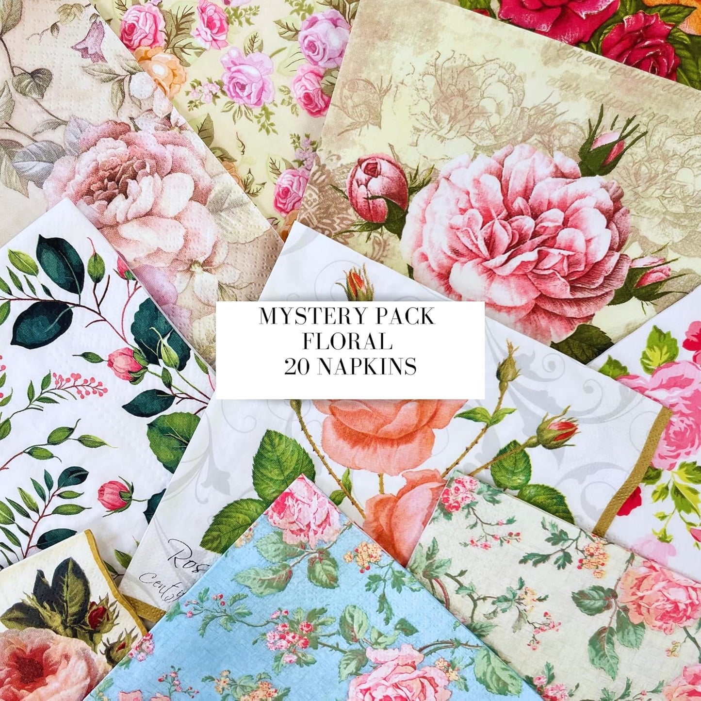 Keep Unique Mystery Pack Decoupage Paper Napkins, 20-ct Assorted Surprise Napkins, Decorative Napkins Floral for Art Craft Junk Journal, Scrapbooking, 20 Different Flower Designs
