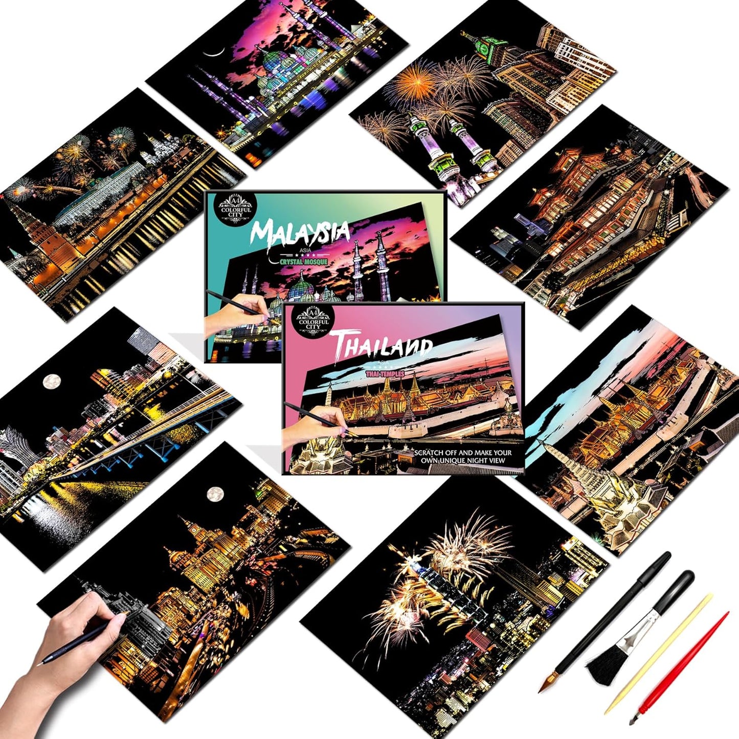 Scratch Art Painting Kit for Adults-8 Sheets A4 Rainbow Scratch Painting Paper Craft Set with City Landmarks|Stress Relief Gift for Travel&Craft Lovers|Scratch Art Home Decor(Asian Series)