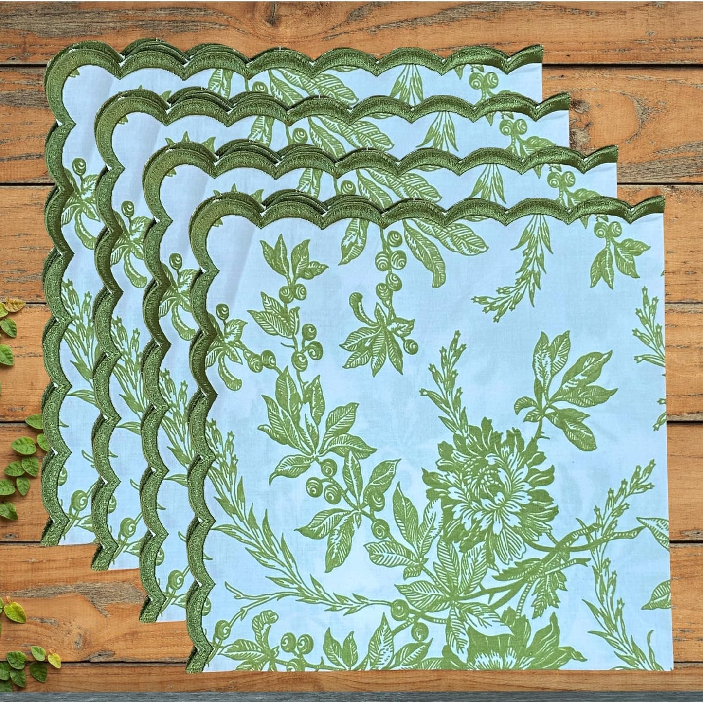 Ridhi Olive Green Hand Block Print Napkins 18" x 18" Set of 4 Reusable Cotton Dinner Napkins for Weddings, Parties & Everyday Dining, Thanksgiving, Christmas, Fall