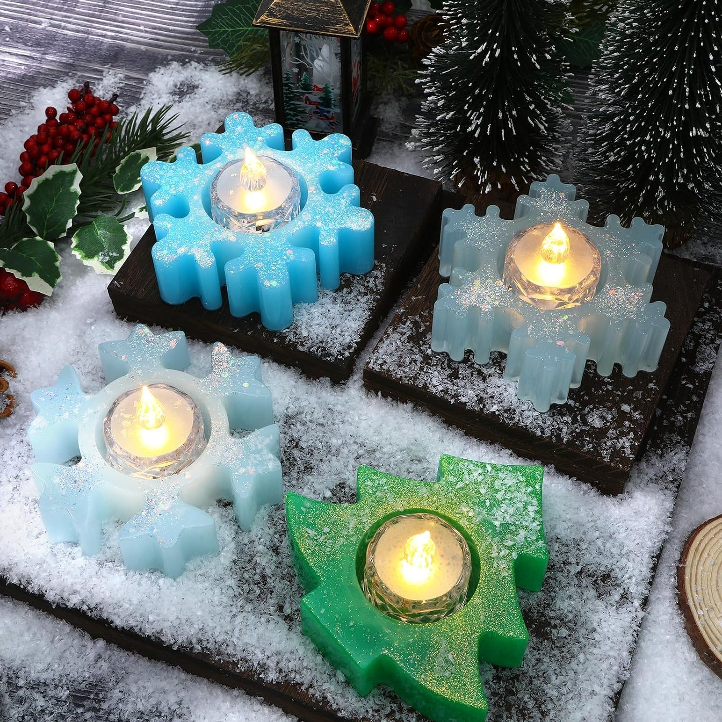 2PCS Christmas Resin Molds Christmas Tree Candle Holder Resin Molds Snowflake Silicone Resin Mold for Tea Lights Epoxy Resin Mold for Home Table Decorations Xmas Decor