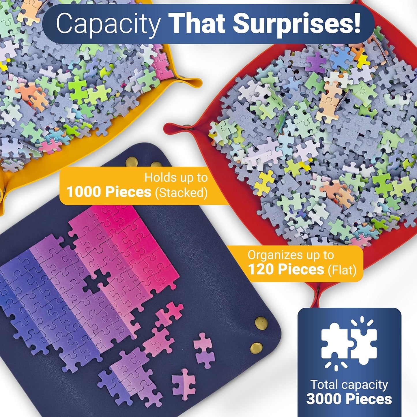 Puzzle Sorting Trays - 3X Large Puzzle Organizer for Sorting 1000 Pieces up to 3000 Pieces, Stackable Jigsaw Accessories for Adults in Red, Yellow and Blue
