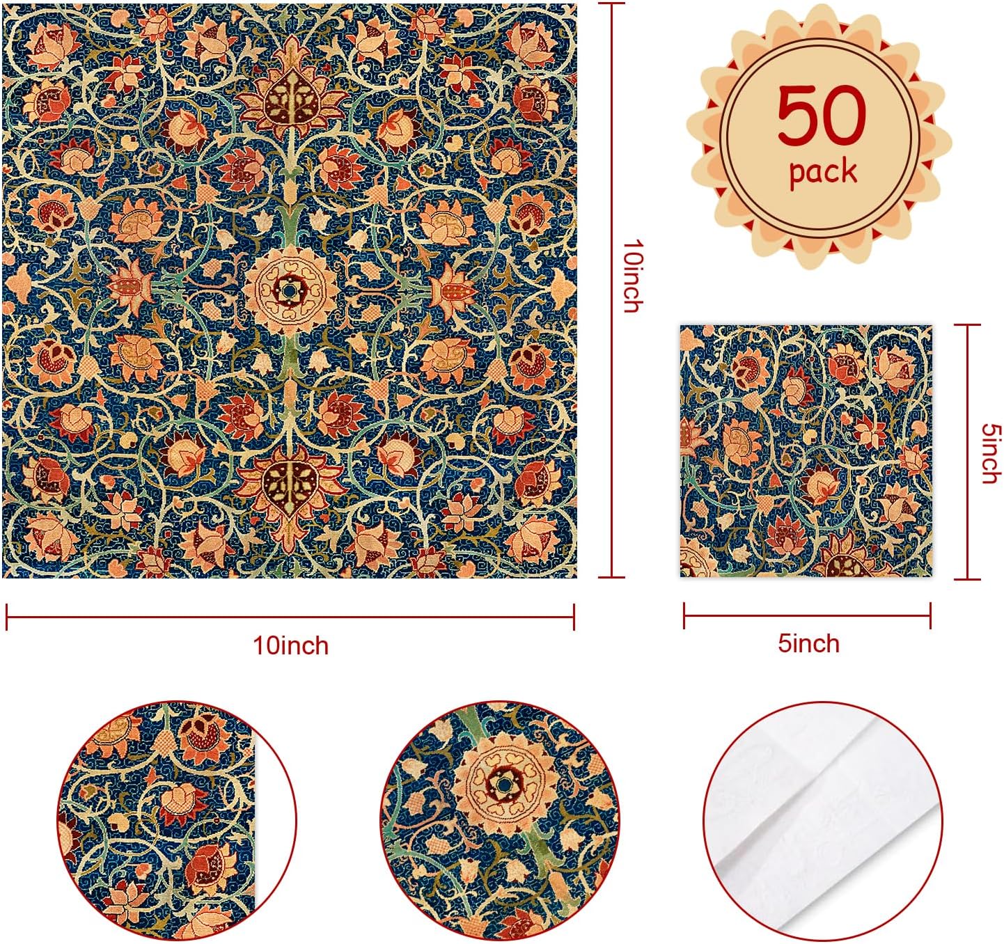 Quera 50 Pack William Morris Cocktail Napkins Vintage Floral Blue Paper Napkins Disposable Dessert Dinner Baby Shower Party Supplies Napkins Decorative -5 X 5 Inches