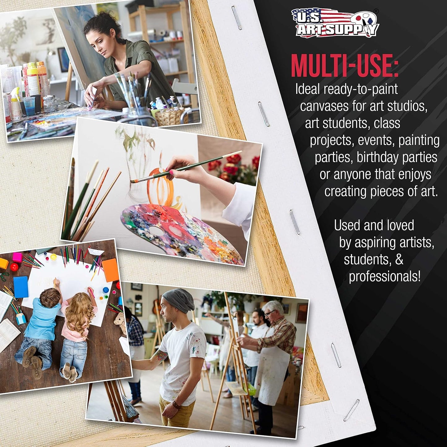 U.S. Art Supply Large Stretched Canvas for Painting 20x20 inch Gallery Depth 1-1/2" Thick, 3-Pack - 12oz Acrylic Gesso Triple Primed, Professional Artist Quality, 100% Cotton - Oil, Pouring Paint