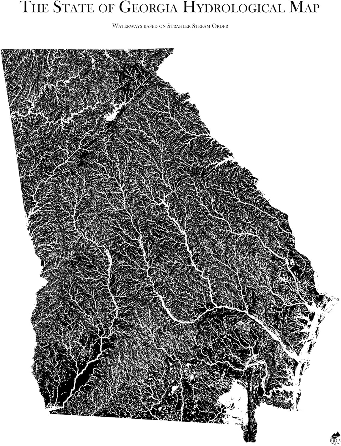 Muir Way Hydrological River Map of Georgia - Watershed Topographic Wall Art for Home, Office, or Travel Decor - Unframed Flat Paper Print, 24x30