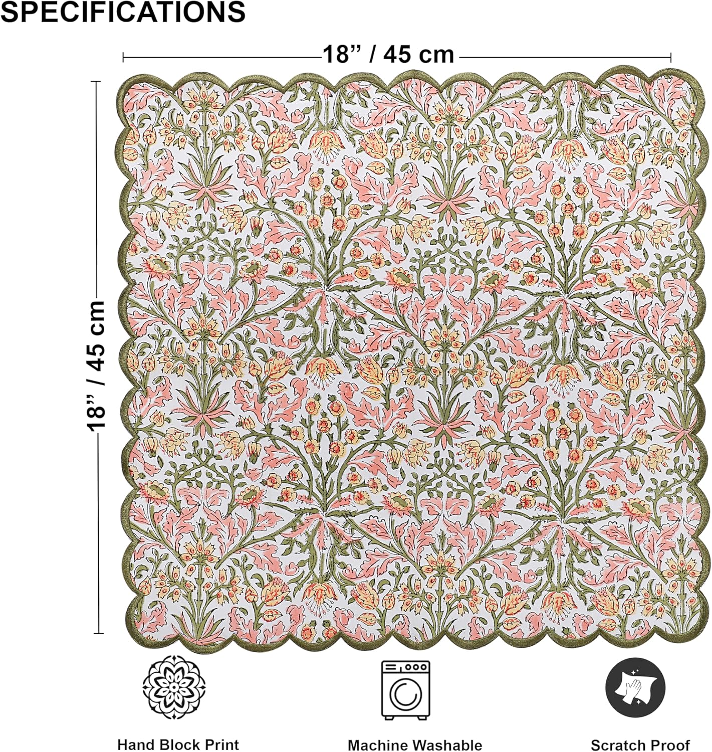 Ridhi Sassy Salmon Pink Hand Block Print Napkins 18" x 18" Set of 4 Reusable Cotton Dinner Napkins for Weddings, Parties & Everyday Dining, Thanksgiving, Christmas, Fall