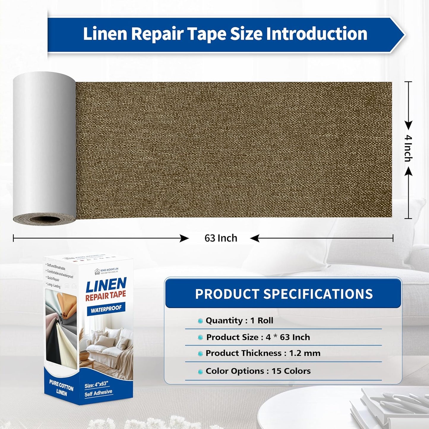 KING MOUNTAIN Linen Repair Patches, Self-Adhesive Linen Fabric Patches, 4 X 63 inch Extra Size, Multi Color, Can be Used for Linen Sofa Repair and Linen Clothes Repair (Dark Brown2.0)
