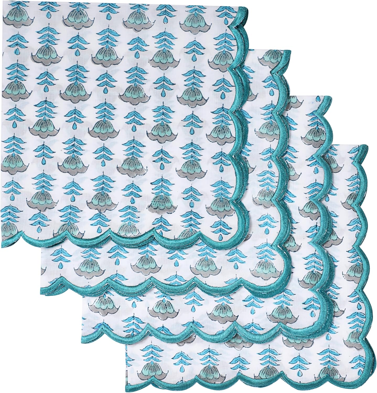 Ridhi Aquamarine Blue Hand Block Print Napkins 18" x 18" Set of 4 Reusable Cotton Dinner Napkins for Weddings, Parties & Everyday Dining, Thanksgiving, Christmas, Fall