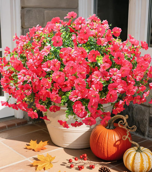 Fake Plants Artificial Flowers for Outdoor Outside Summer Decoration, 12 Bundles Faux Flowers Silk Hot Pink Morning Glory with Eucalyptus Look Real UV Resistant for Planter Front Door Porch Yard Patio