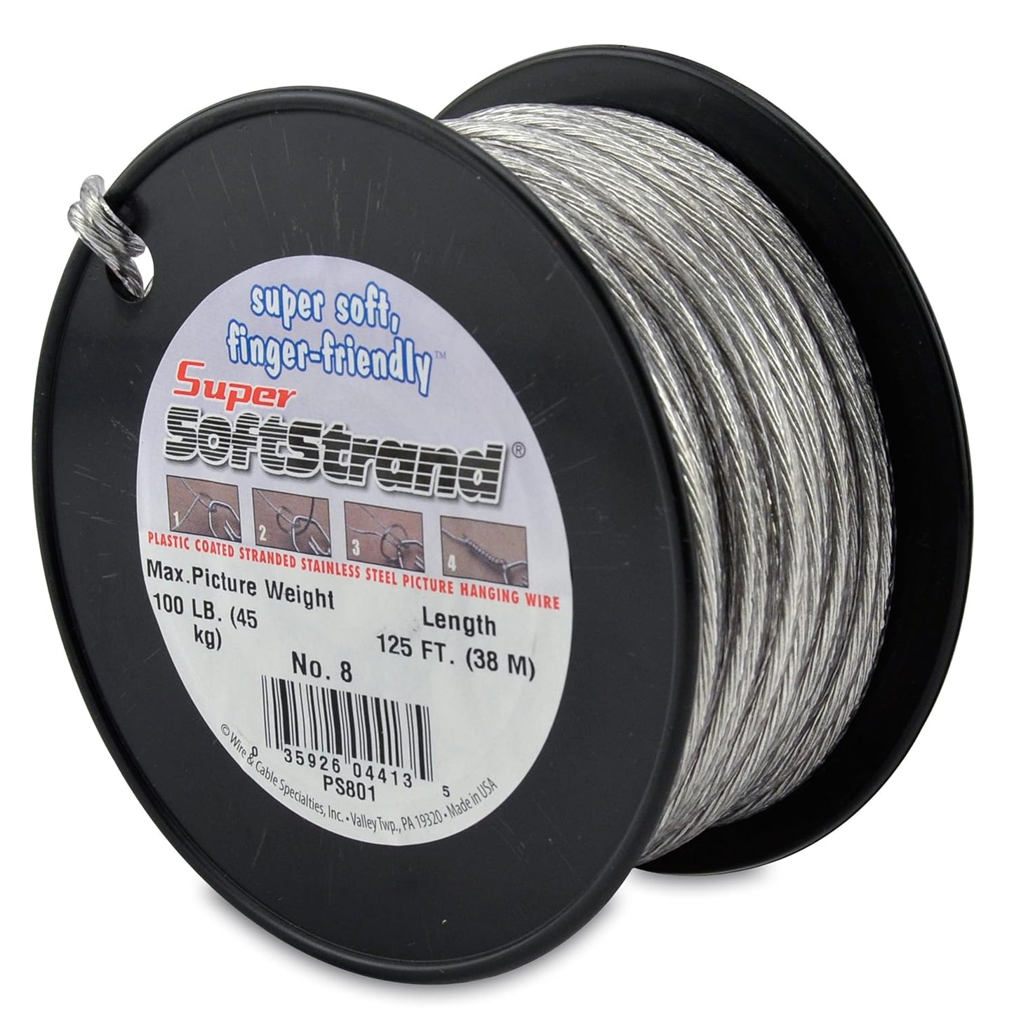 Super Softstrand, Vinyl-Coated Stranded Stainless Steel Picture Wrapping Wire, Size #8, 100 lb / 45 kg, 125 ft / 38 m