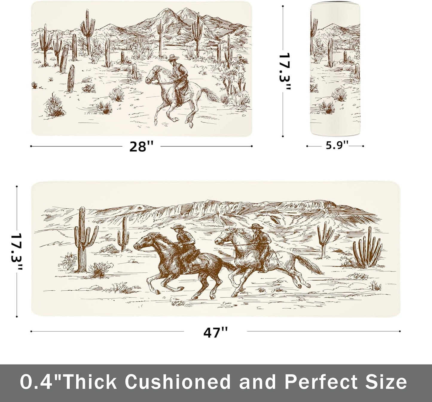 Western Kitchen Mat Rugs Set of 2 Aztec Anti Fatigue Non-Slip Kitchen mats for Floor Western Country Cactus Theme PVC Comfort Mat Floor Rugs Decor Office Front Door Sink 17.3x28+17.3X 47 inches