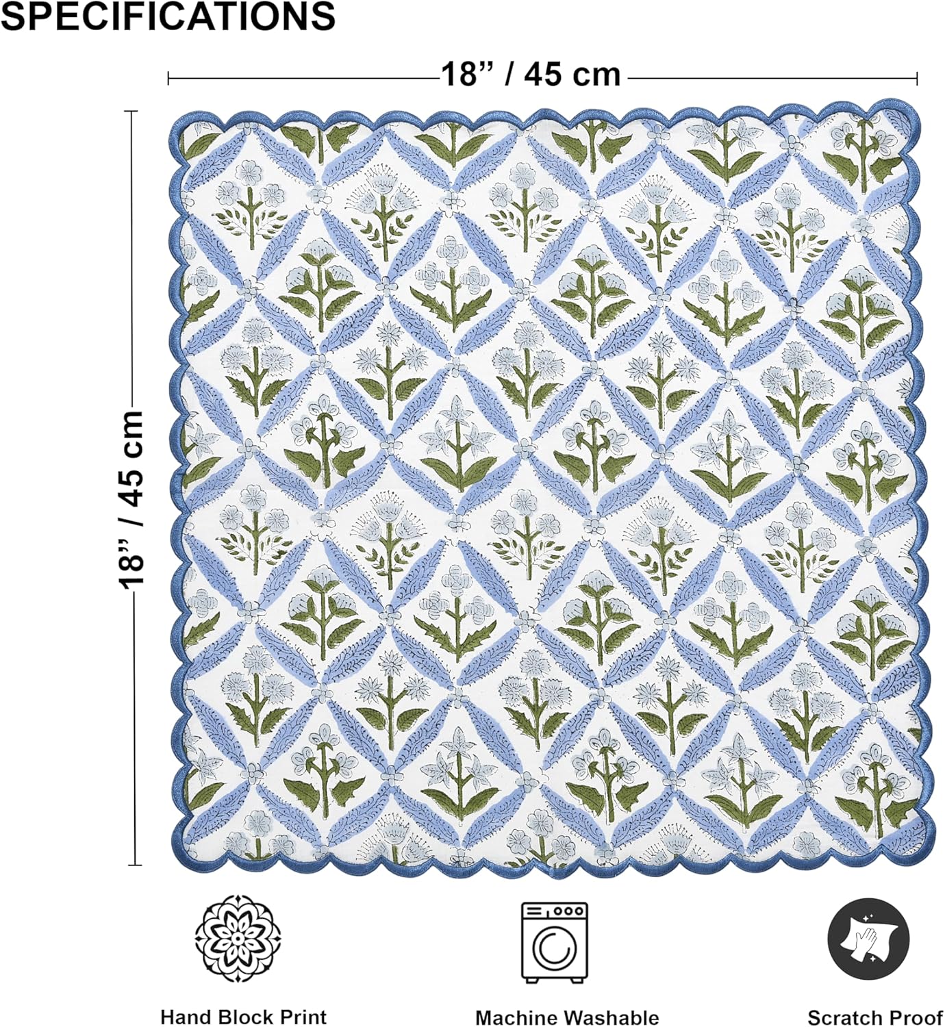 Ridhi Light Steel Blue Hand Block Print Napkins 18" x 18" Set of 4 Reusable Cotton Dinner Napkins for Weddings, Parties & Everyday Dining, Thanksgiving, Christmas, Fall