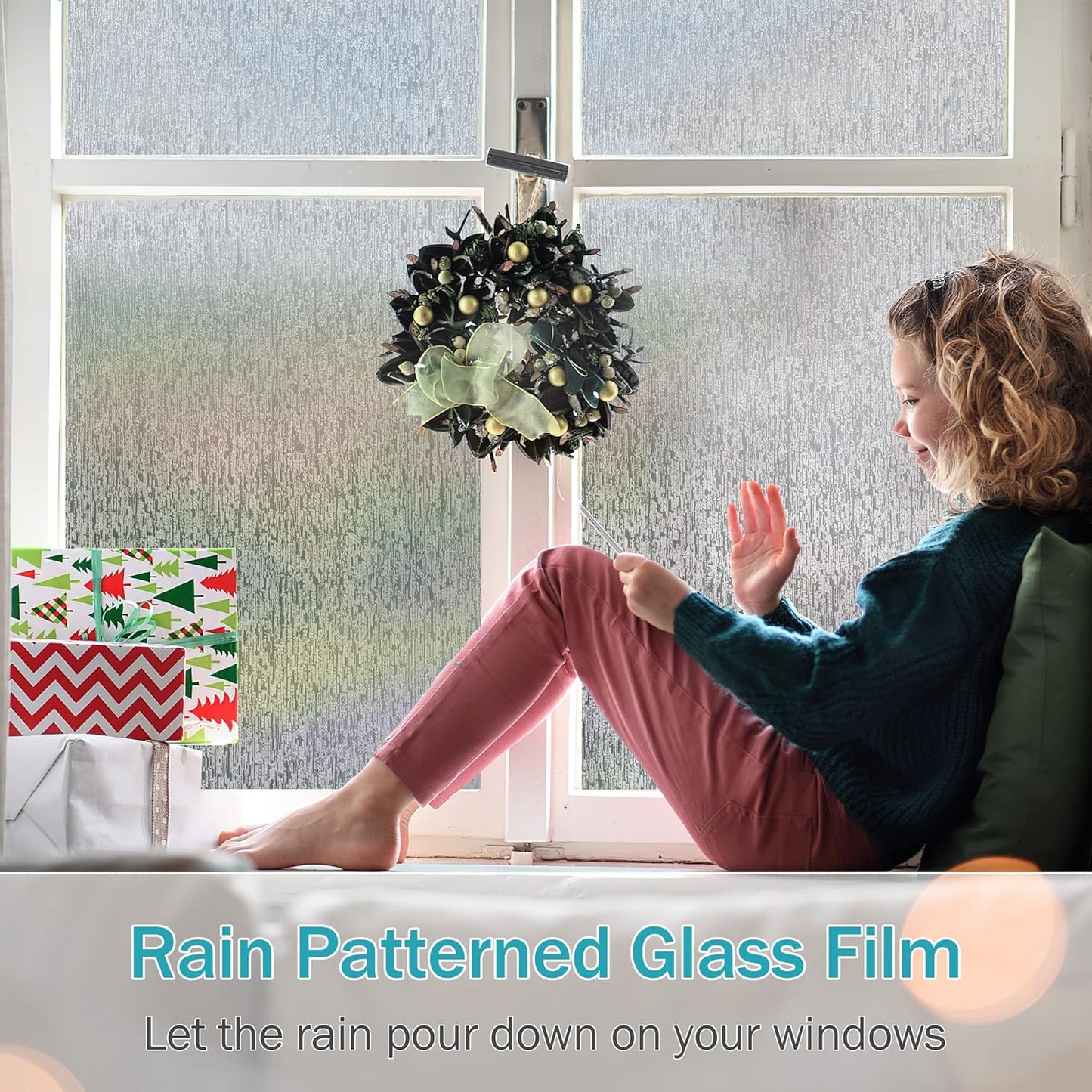 VELIMAX Rain Glass Window Film Privacy Static Window Clings Decorative Glass Sticker for Home Office Removable UV Protection Heat Control 35.4 x 118 inches